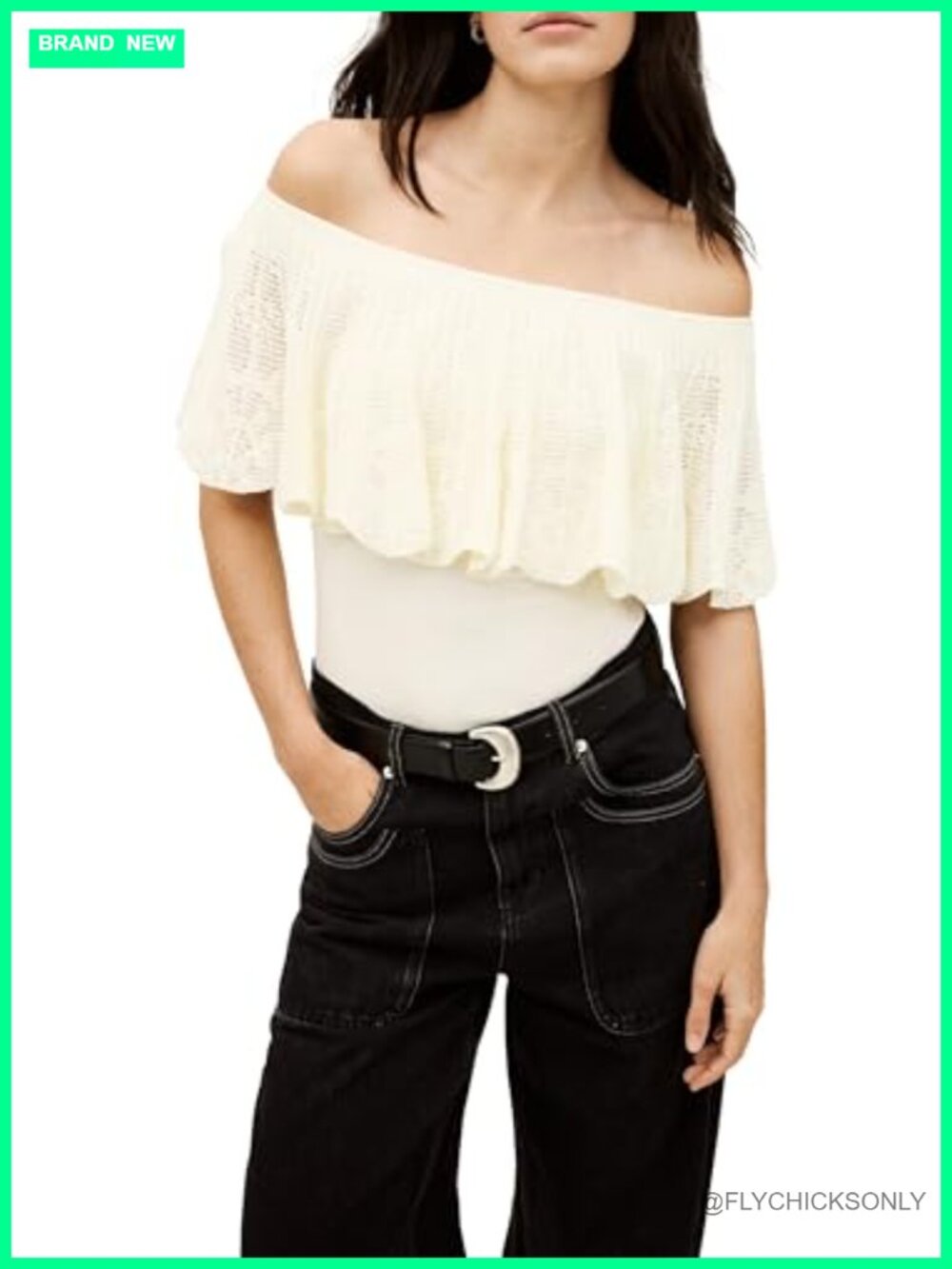 Jacquard Knit Off Shoulder Ruffle Top Open Shoulder Pullover Blouse